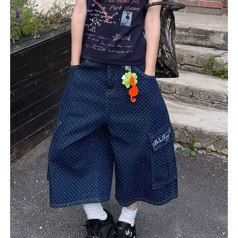 Dot Embroidered Large Pocket Seven-Eighth Denim Pants