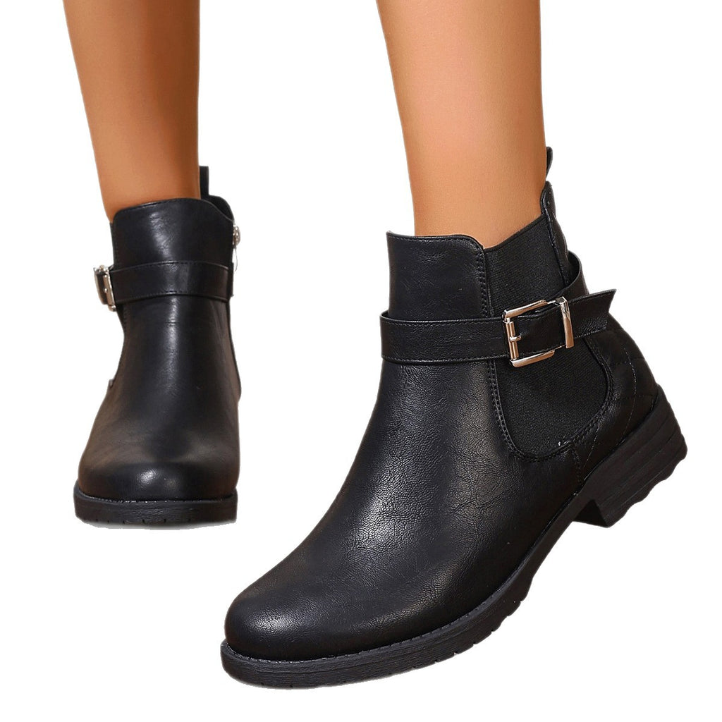Women's Short Boots Autumn Winter Comfortable Low Heel Buckle Checkered Leather Boots