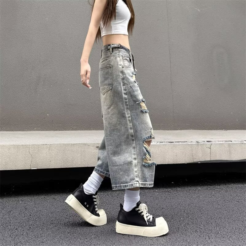 Street ripped wide-leg denim shorts for men and women