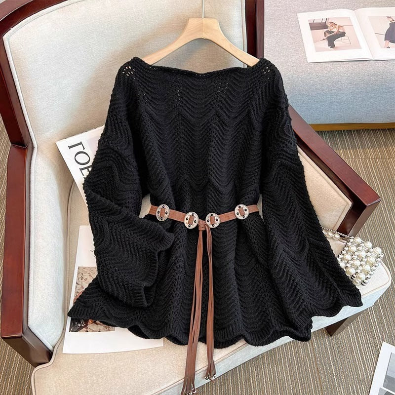 Lace one shoulder pullover knitted sweater for women