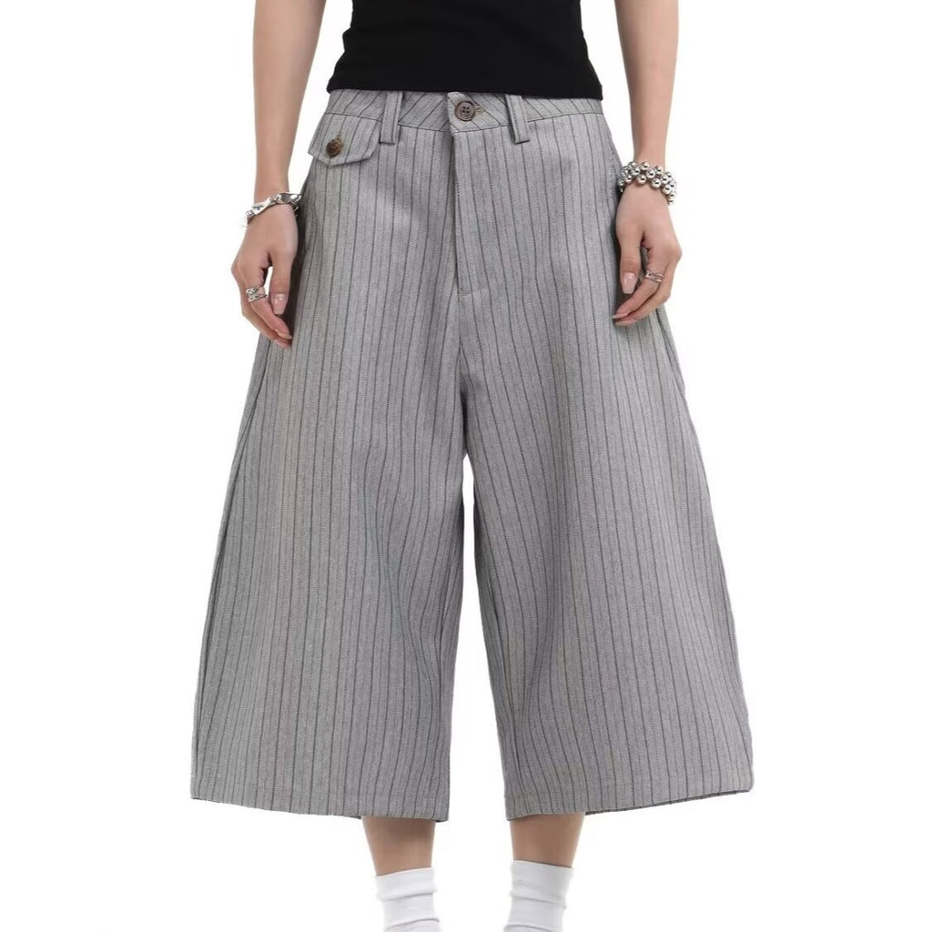 Gray Suit Shorts for Men, Retro Loose Casual Striped Seven-Quarter Pants