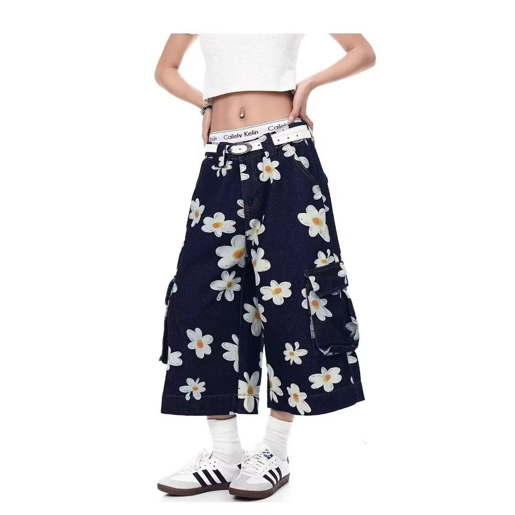 Daisy Print Denim Pants Men Women Loose Seven-Eighth Pants