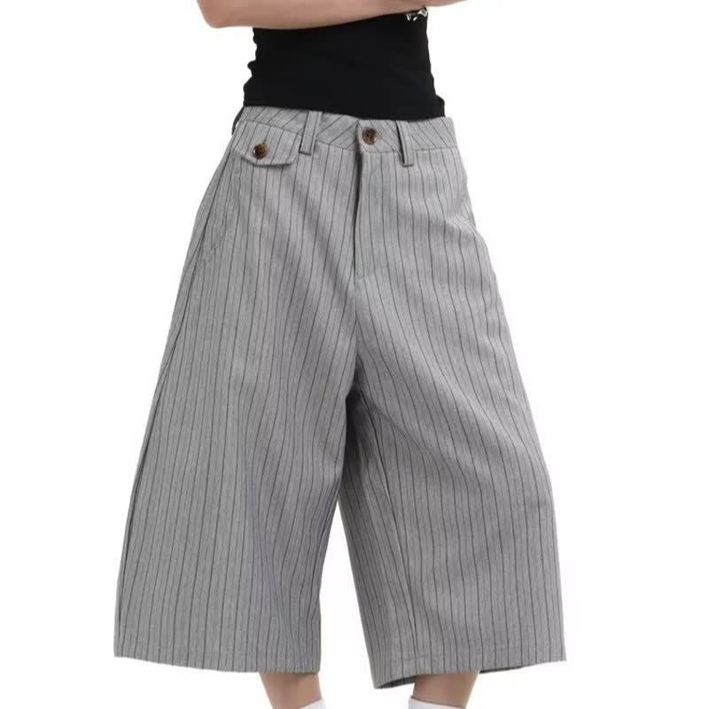 Gray Suit Shorts for Men, Retro Loose Casual Striped Seven-Quarter Pants