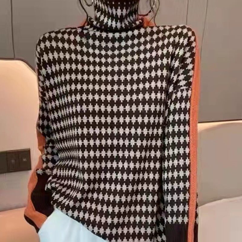 High neck patchwork striped lazy style sweater for women