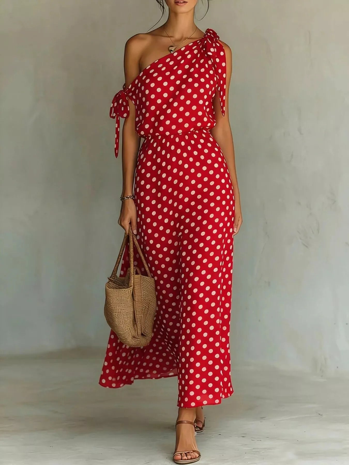 Polka Dot One-Shoulder Maxi Dress