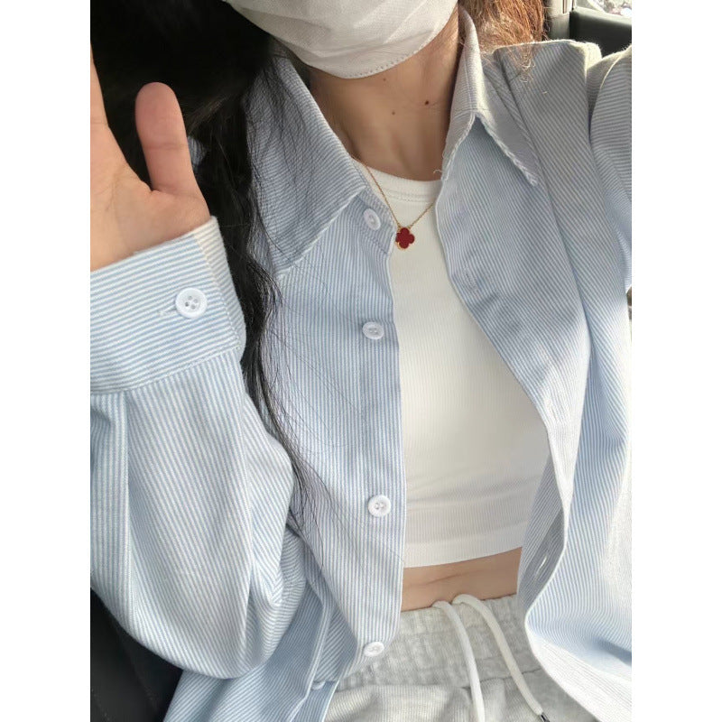 Women's Blue Fine Stripe Loose Long Sleeve Shirt