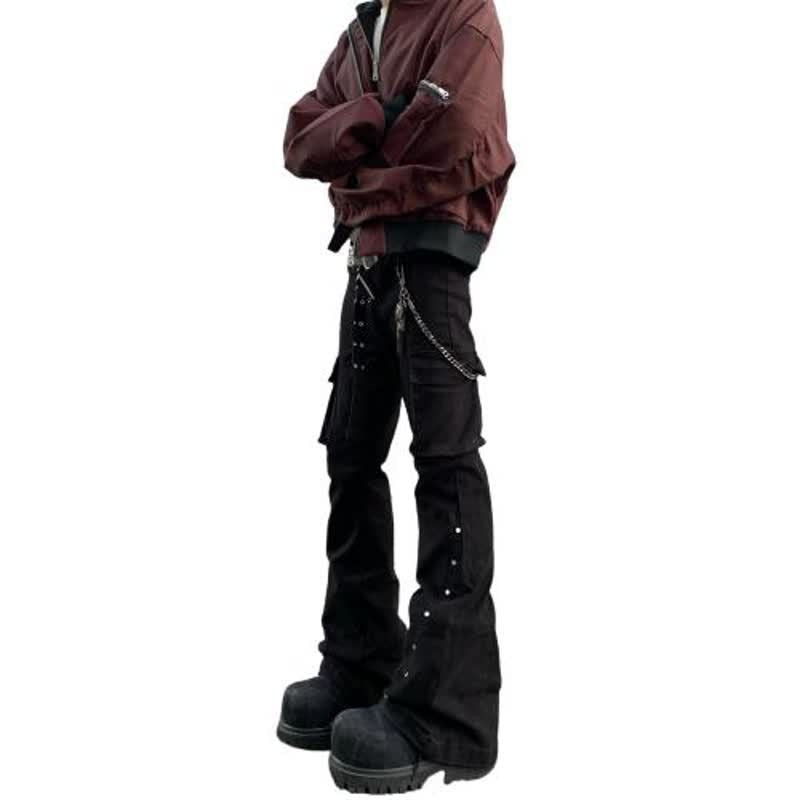 Black Studs Patchwork Workwear Denim Pants