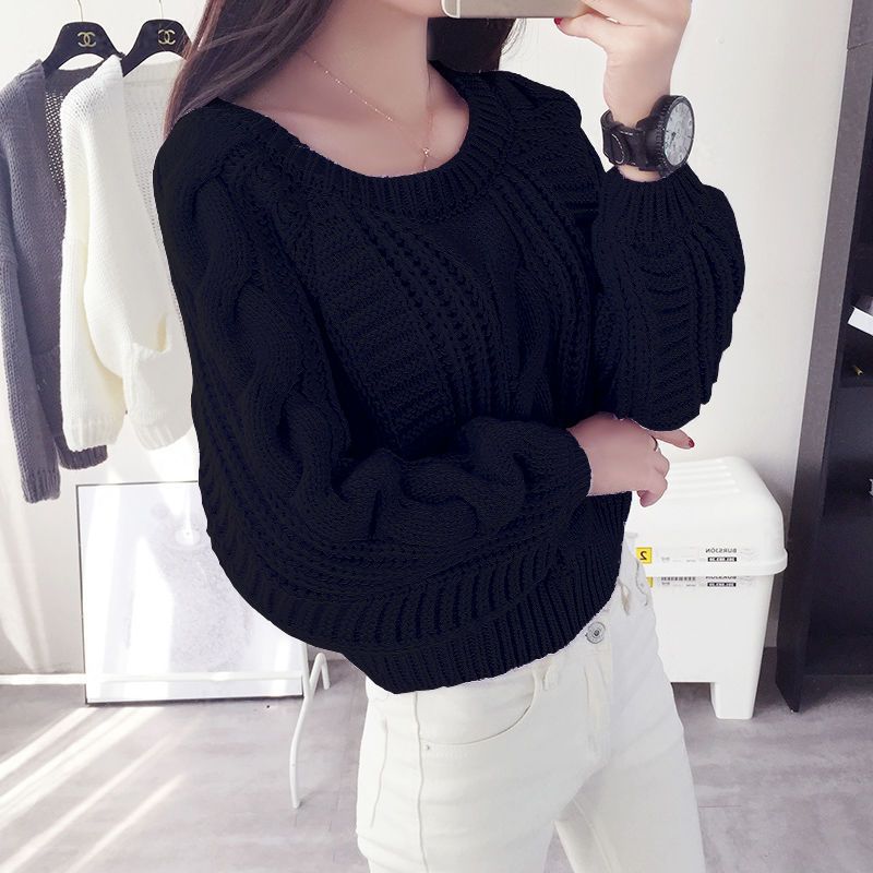 Round neck pullover versatile short Fried Dough Twists sweater for women