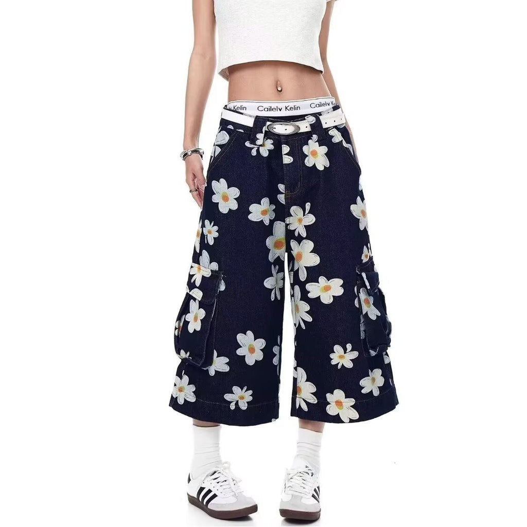 Daisy Print Denim Pants Men Women Loose Seven-Eighth Pants