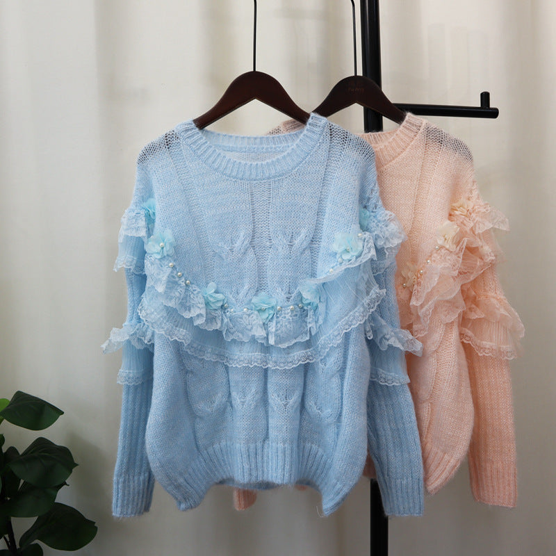 Splicing mesh flower sweater