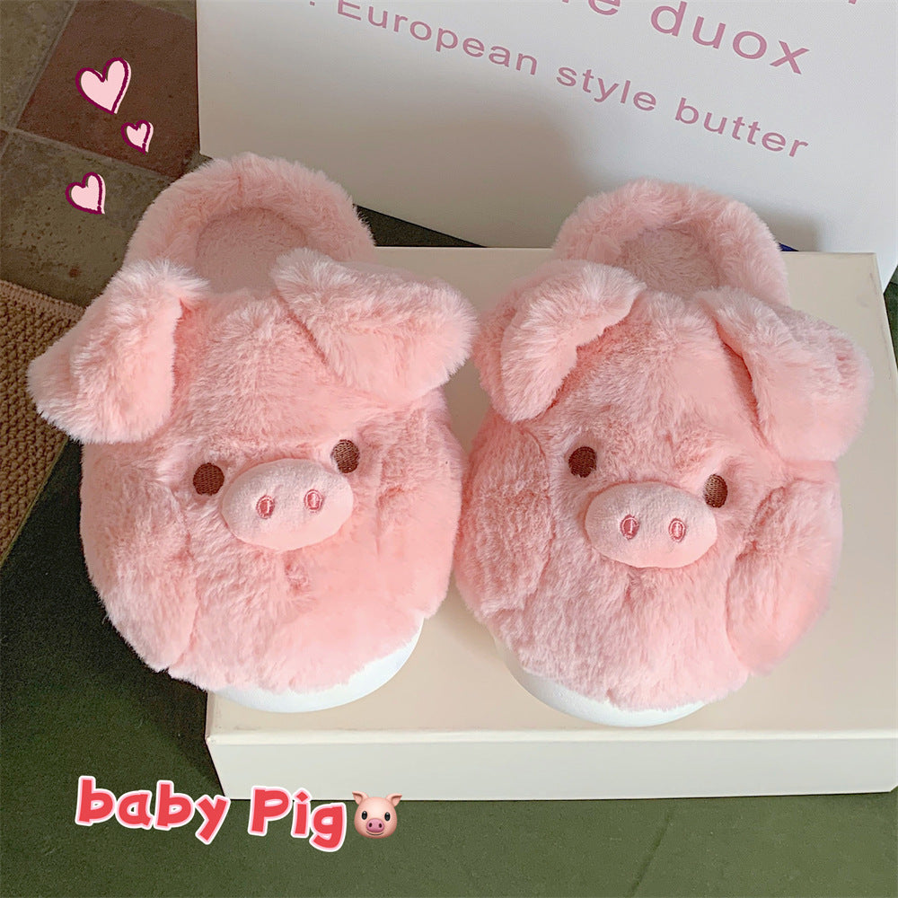 Winter Warm Soft Thick-Sole Furry Slippers for Women, Cute Pink Pig Cotton House Slippers