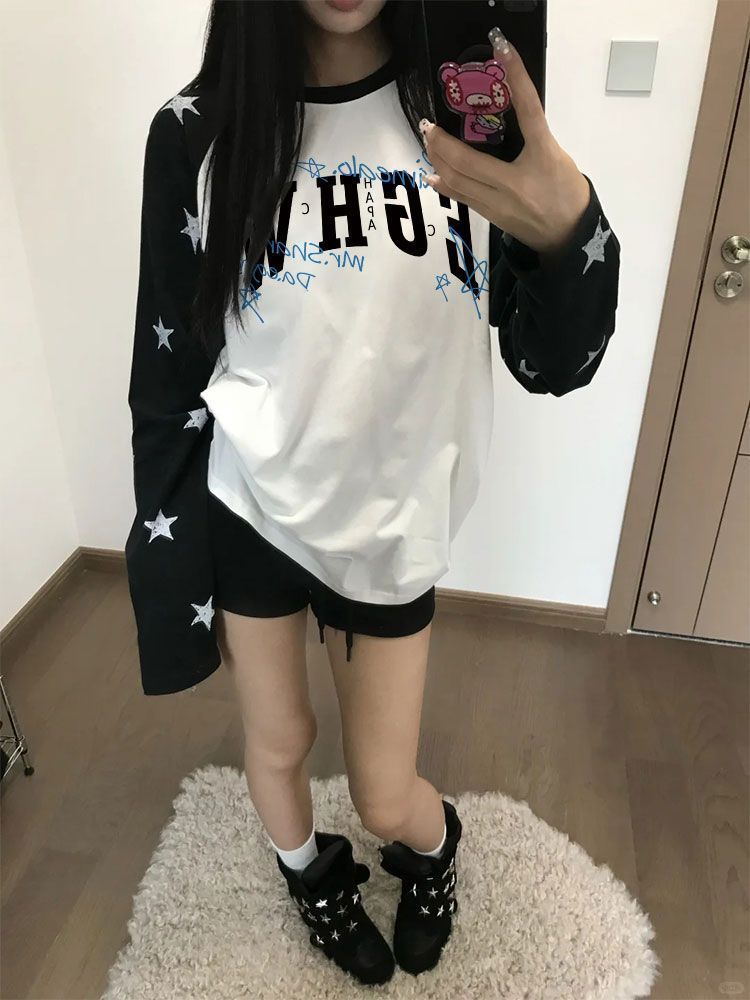 Casual Star Print Long Sleeve Raglan Crew Neck Women's T-Shirt