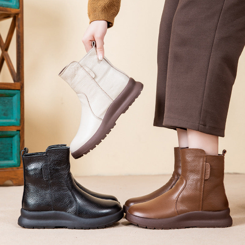 Real leather Martin boots for women side zipper flat slope and snow boots for women ﻿