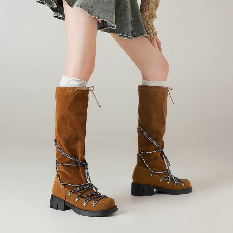 Belted Over-the-Knee Boots for Women, Vintage Thick Sole Square Heel, Slimming High Made to order, ships in 7 days
