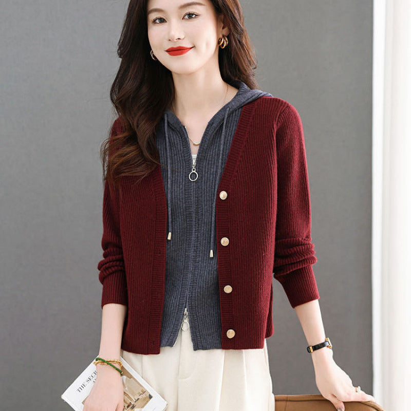 Women's Short Hooded Knit Cardigan with False Two-Piece Design