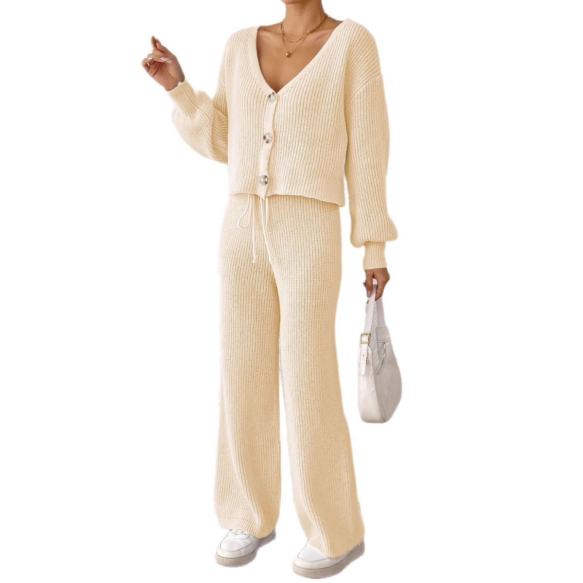 Women's Pure Color Elegant Two-Piece Set Short Top Loose Cardigan Straight Leg Drawstring Pants