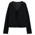 Black V-neck lace up long sleeved cardigan for women