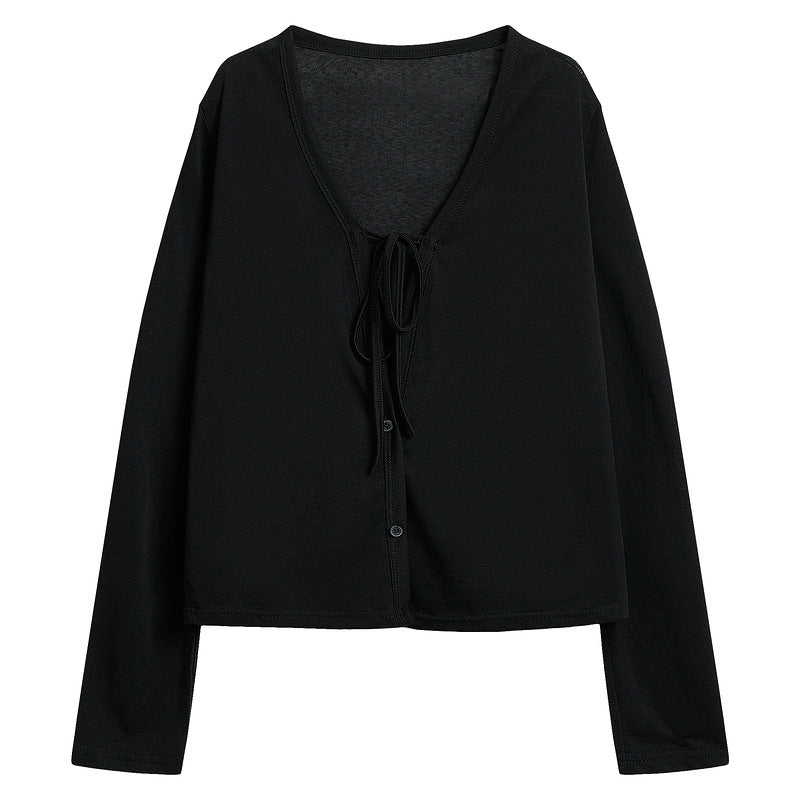 Black V-neck lace up long sleeved cardigan for women