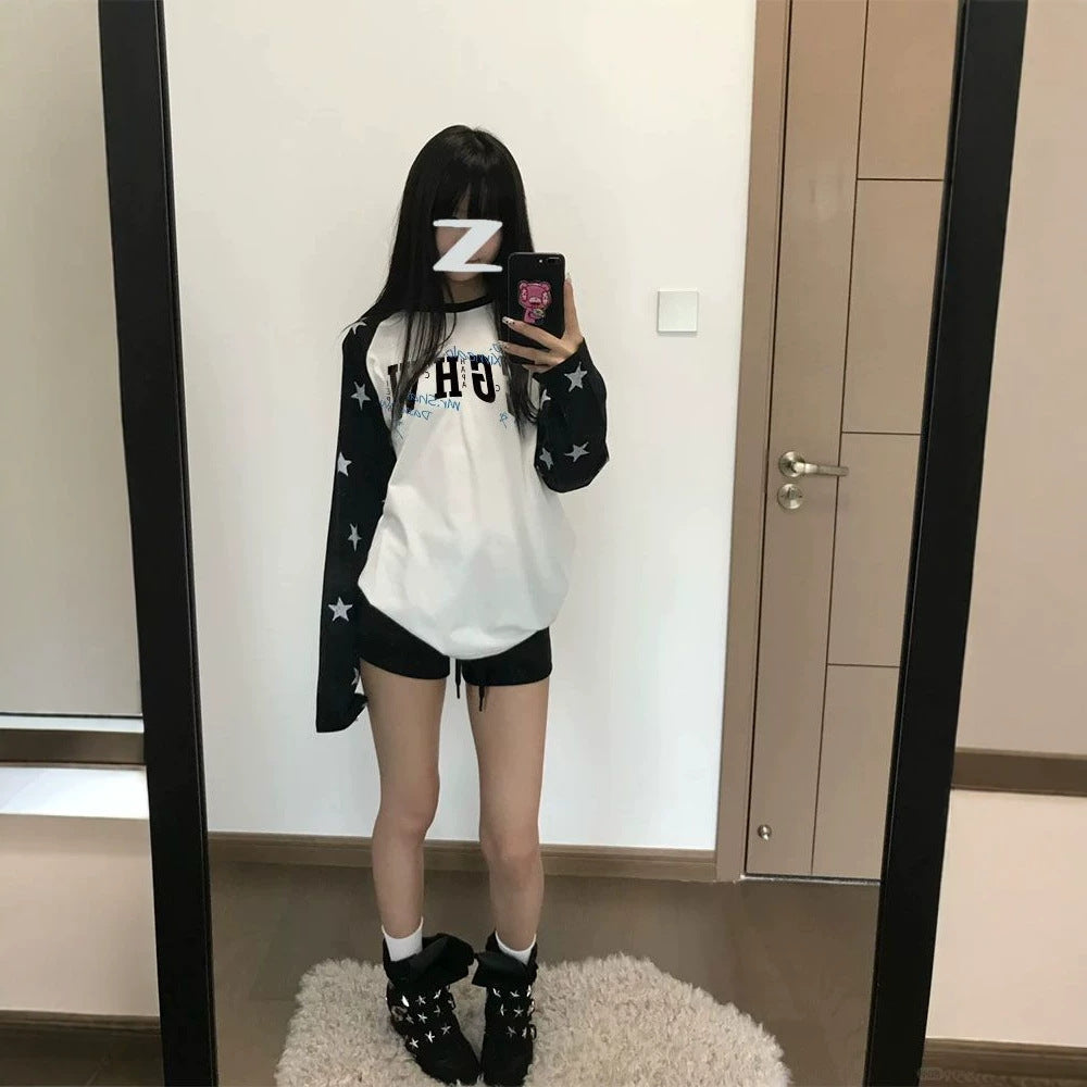 Casual Star Print Long Sleeve Raglan Crew Neck Women's T-Shirt