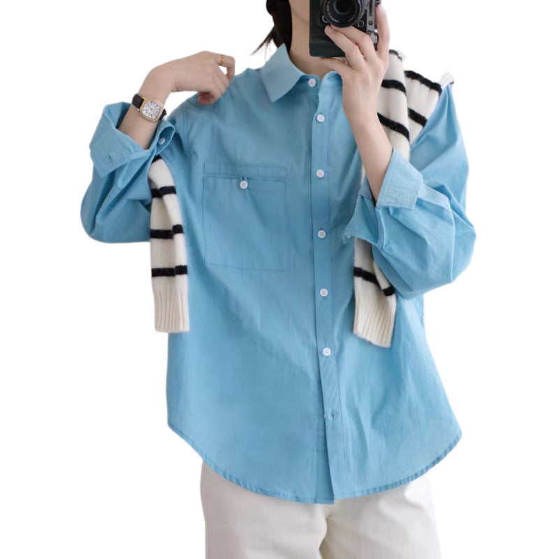Women's Long Sleeve Blue Casual Shirt Relaxed Fit Versatile Top