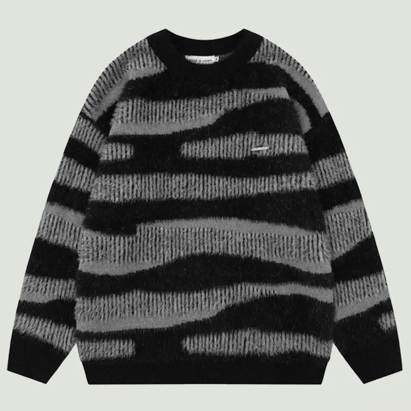 High Street Zebra Striped Patchwork Knitted Sweaters Mens Hip Hop Harajuku Casual Loose O-Neck Y2K Pullovers Couples