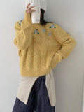 Embroidered crochet round neck pullover sweater for women
