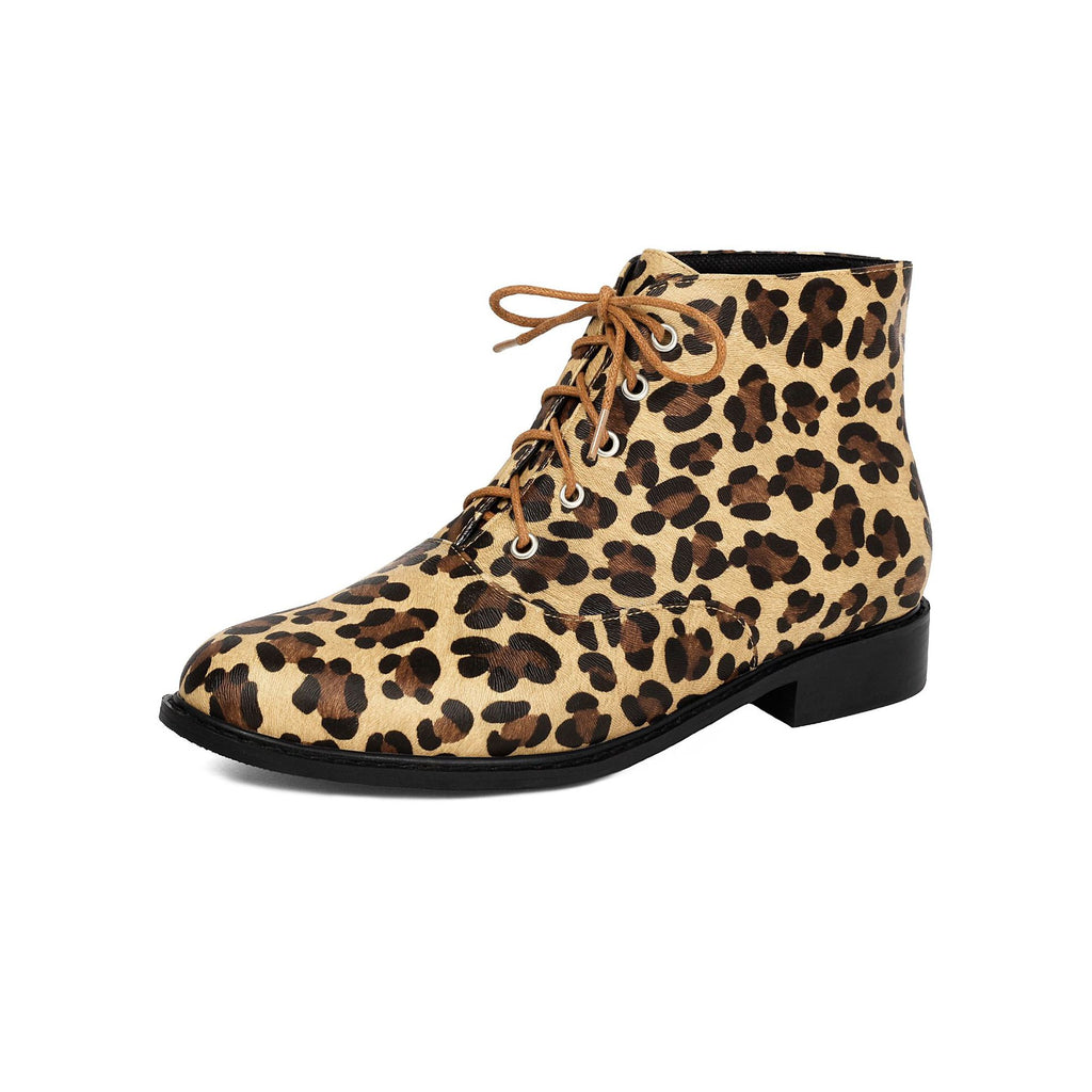 Autumn/winter casual low heel leopard print  extra large size lace-up low-cut Martin boots Made to order, ships in 7 days