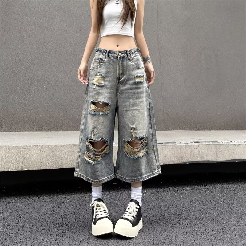 Street ripped wide-leg denim shorts for men and women