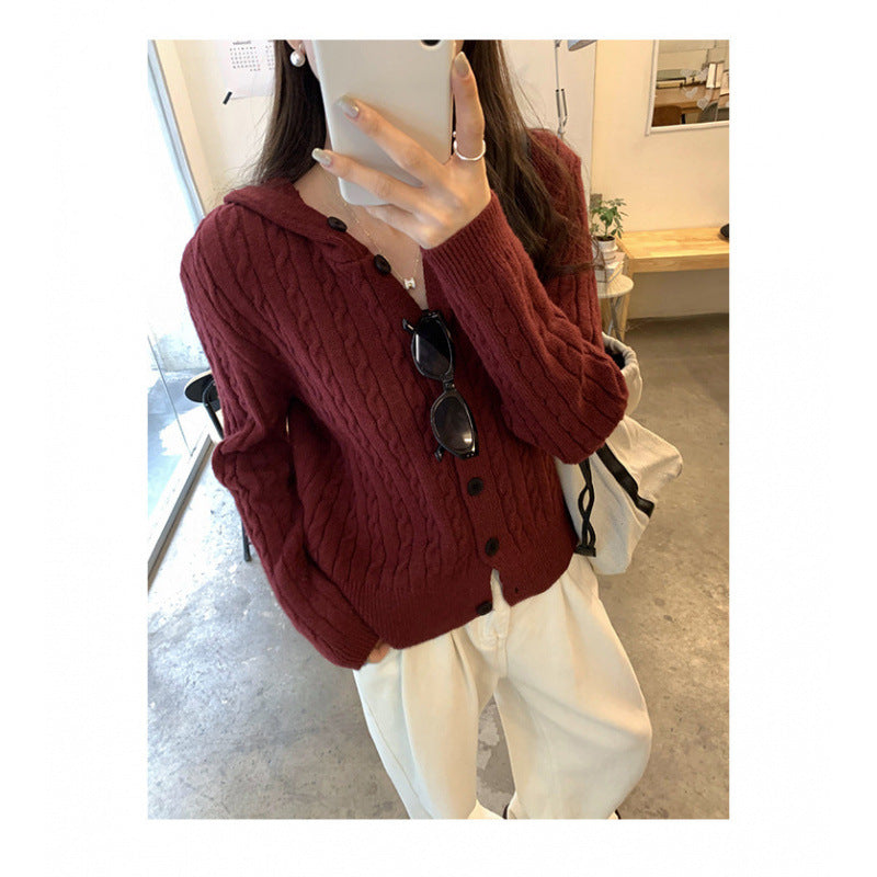 Hooded Cable Knit Cardigan for Women, Design Button Sweater Coat
