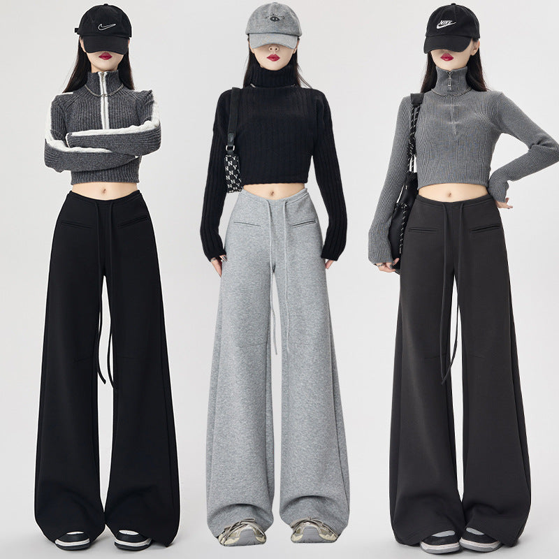 Casual Loose High-Waisted Wide-Leg Pants for Women with Front Pocket Design Flowy Comfortable Sweatpants