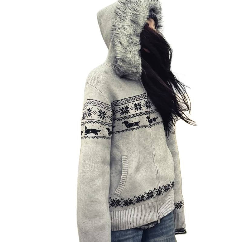 Fel Island fur collar hooded sweater jacket for women