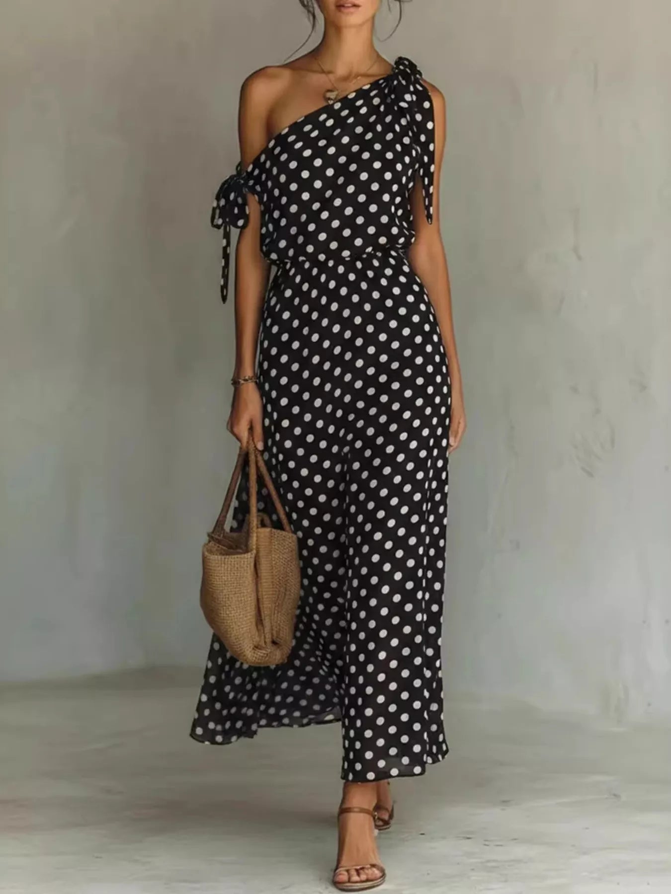 Polka Dot One-Shoulder Maxi Dress