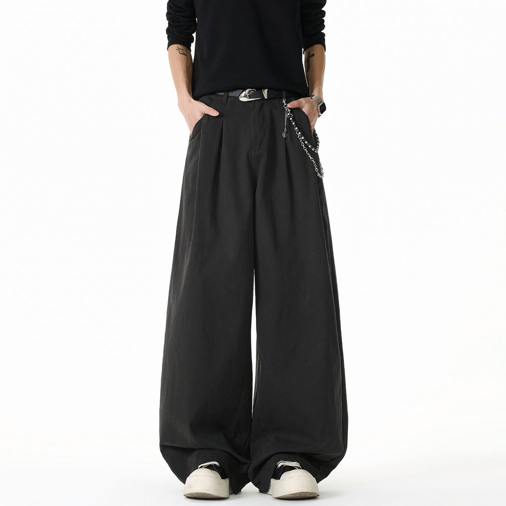 Vintage Simple Versatile Double Pleat Casual Pants for Men Spring Basic Wide Leg Loose Texture Straight Fit Long Trousers