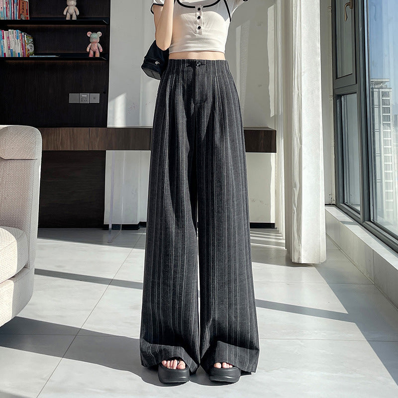 Striped Wide-Leg Pants for Women, Autumn New High-Waisted, Slimming, Versatile, Flowing, Floor-Length, Loose, Casual Suit Pants