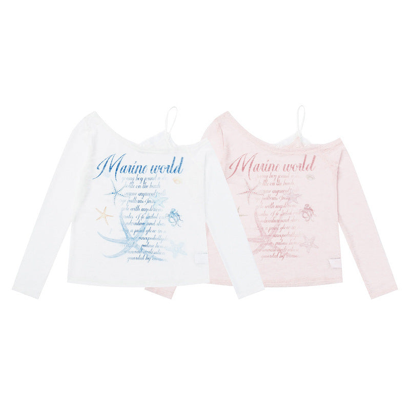 Cartoon starfish print slanted shoulder long sleeved T-shirt for women