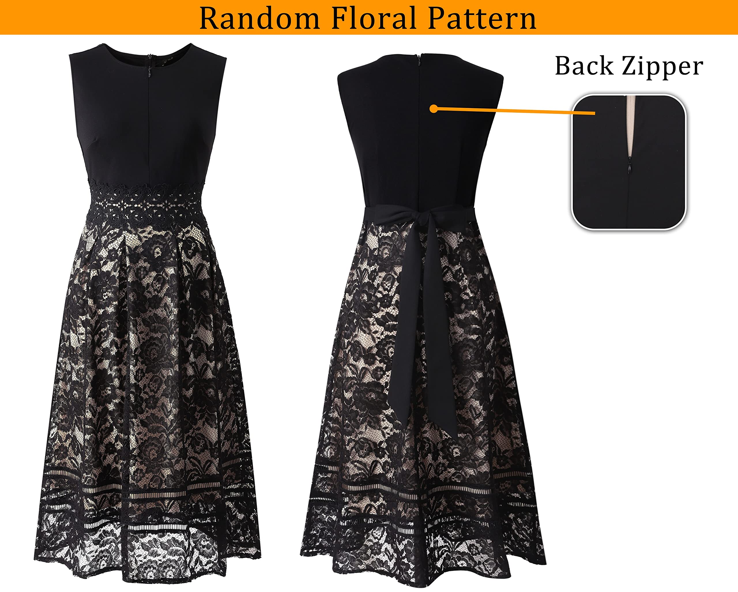 VFSHOW Womens Black Lace Tie Waist Front Zipper Slim A-Line Dress Size L