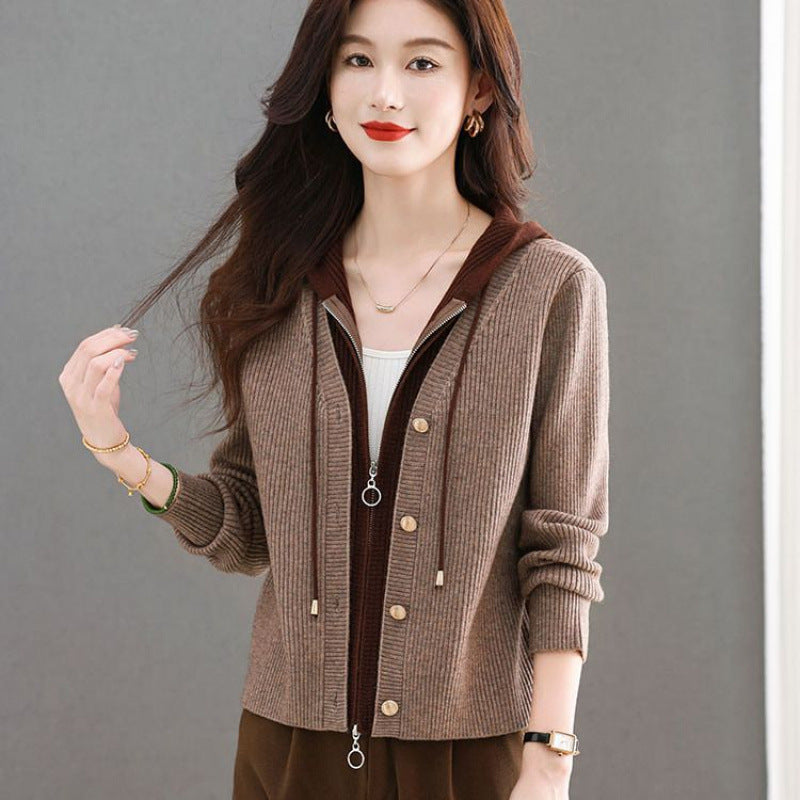 Women's Short Hooded Knit Cardigan with False Two-Piece Design