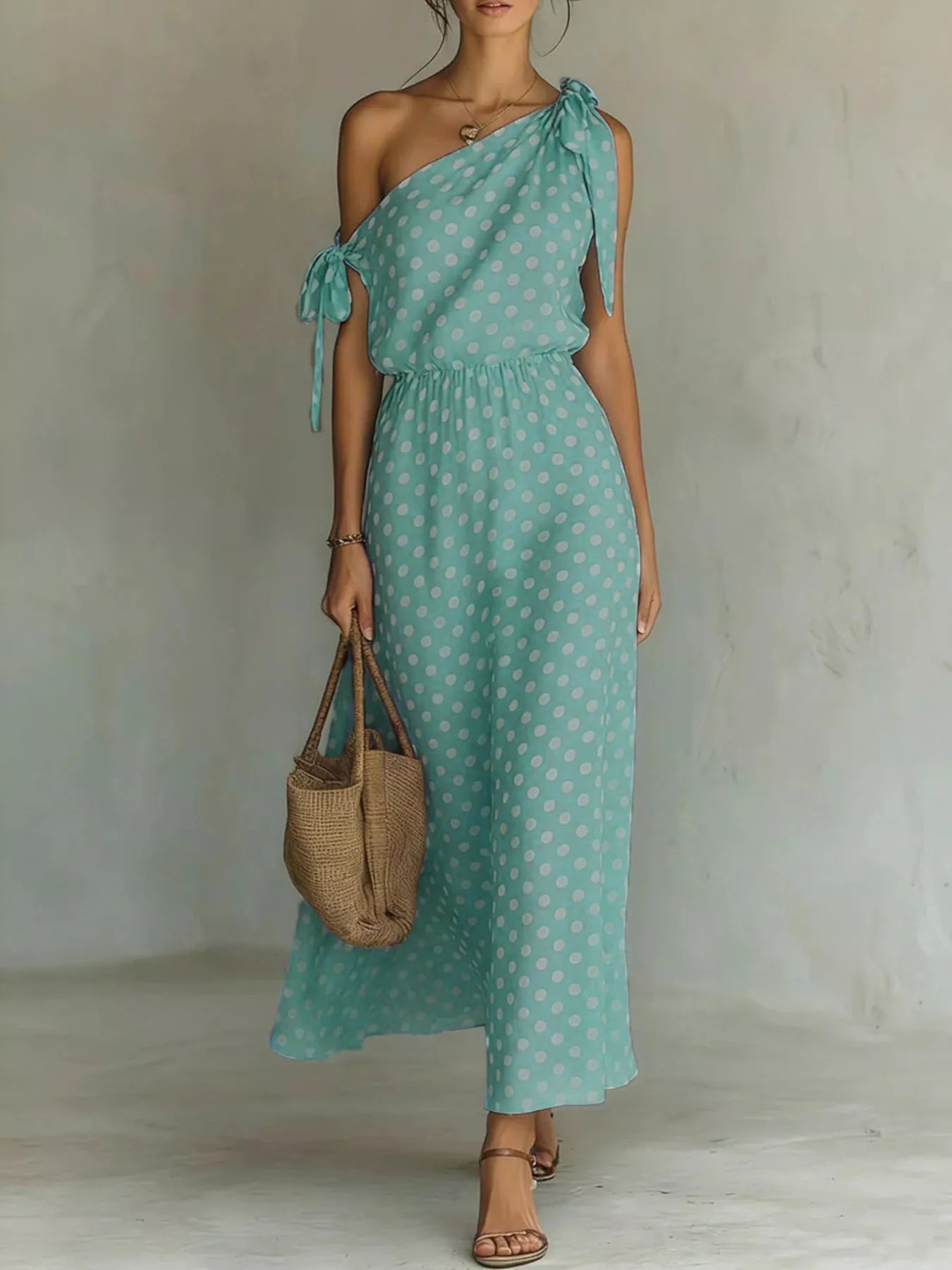 Polka Dot One-Shoulder Maxi Dress