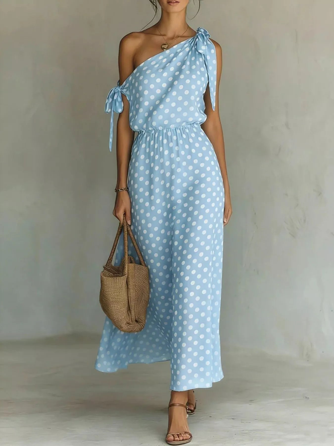 Polka Dot One-Shoulder Maxi Dress