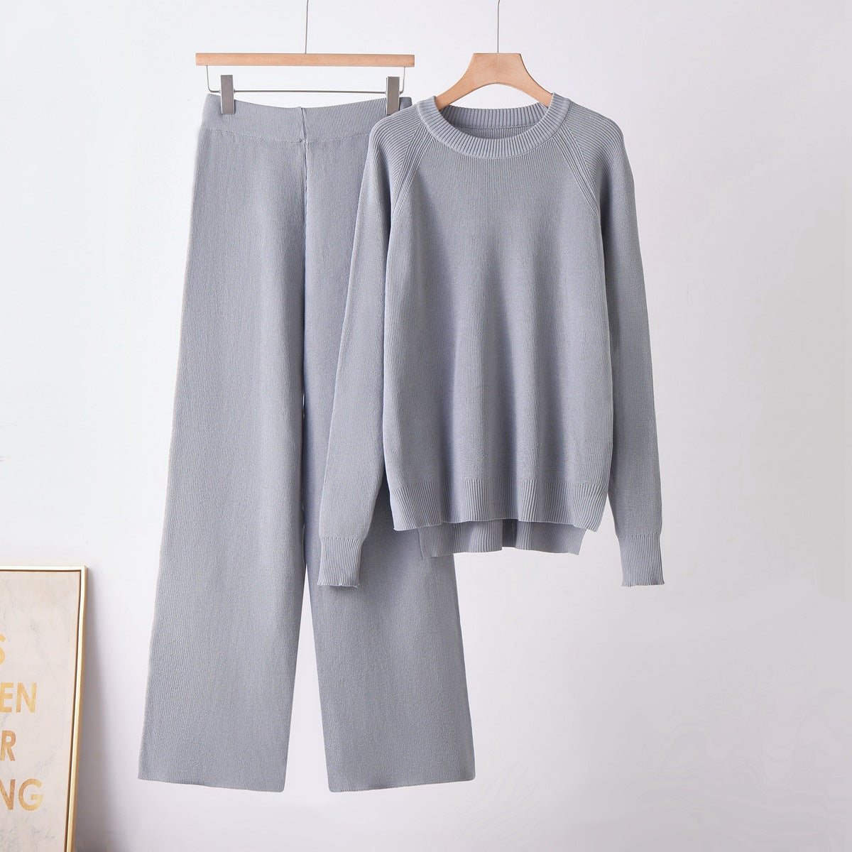 Loose long sleeved round neck wide leg pants two-piece set for women