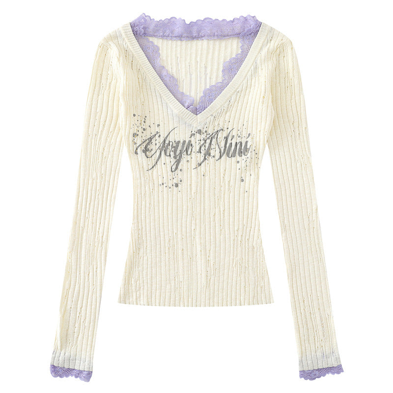 V-neck lace patchwork long sleeved knitted sweater for women