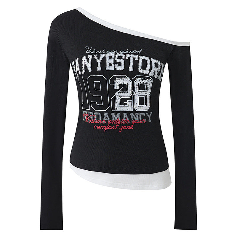 White off shoulder fake two long sleeved T-shirt for women