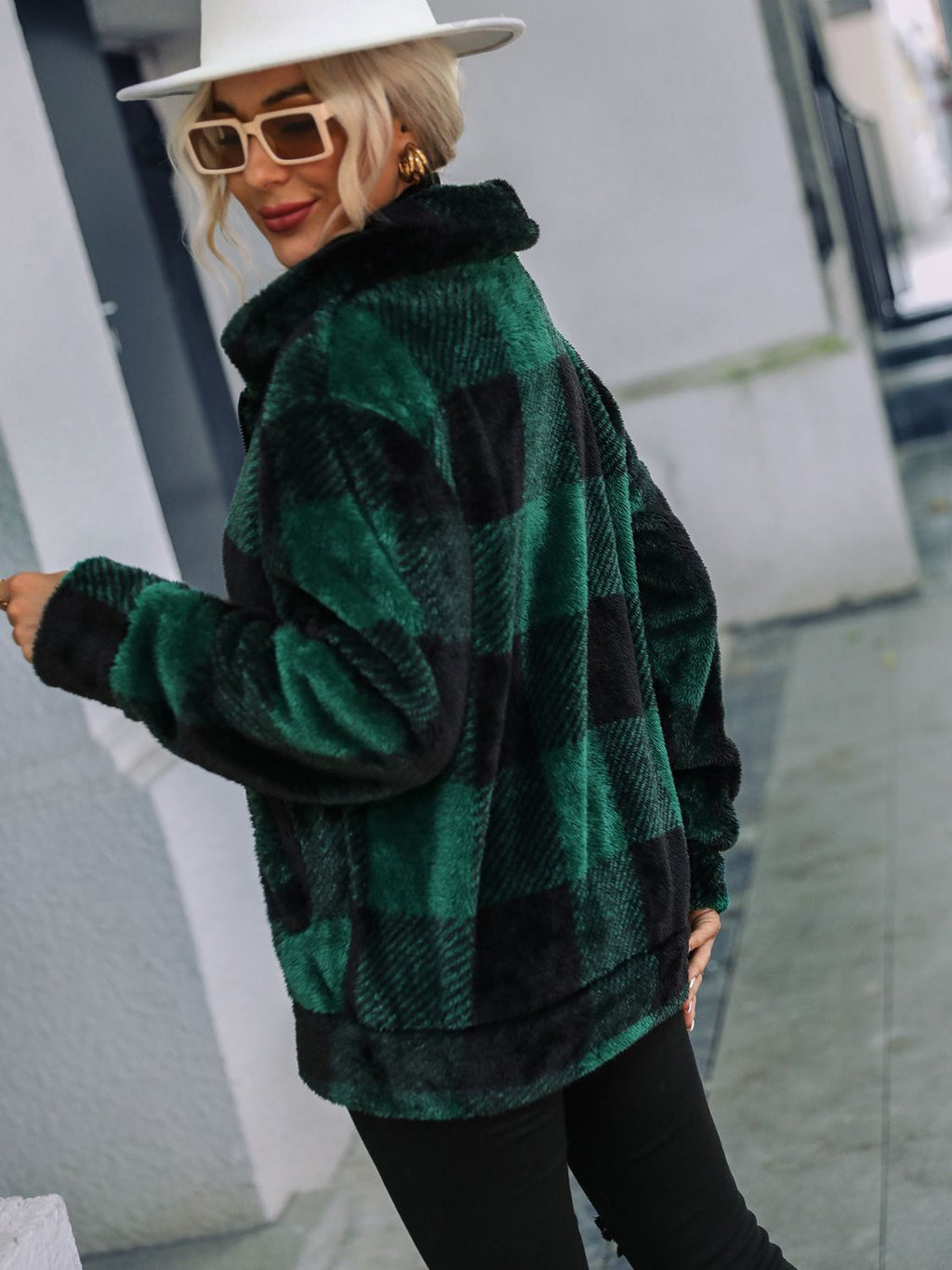 Women Plaid Zip-Up Collared Jacket