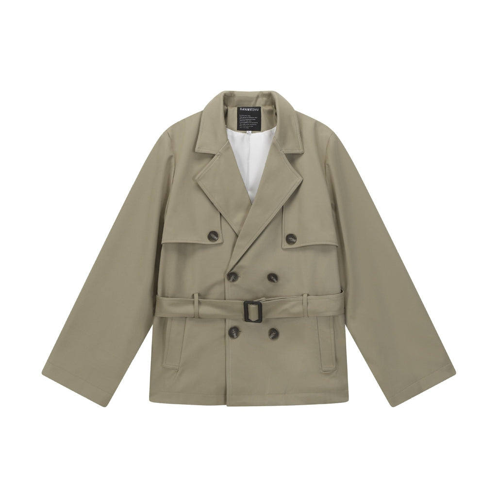 Double-breasted Short Trench Coat Men's Loose Casual Design Turn-down Collar Outerwear