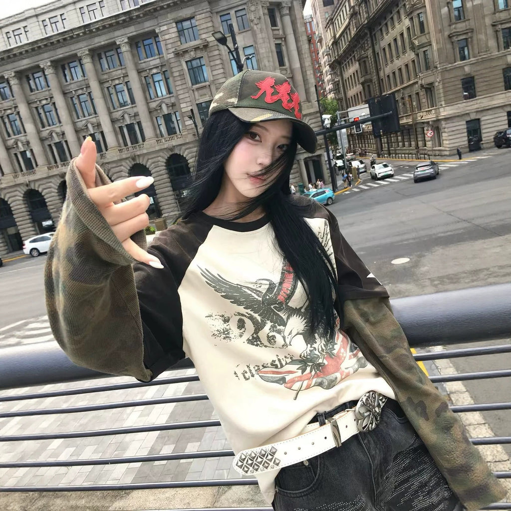 Street Vintage Camo Flag Patchwork Long Sleeve Printed T-Shirt