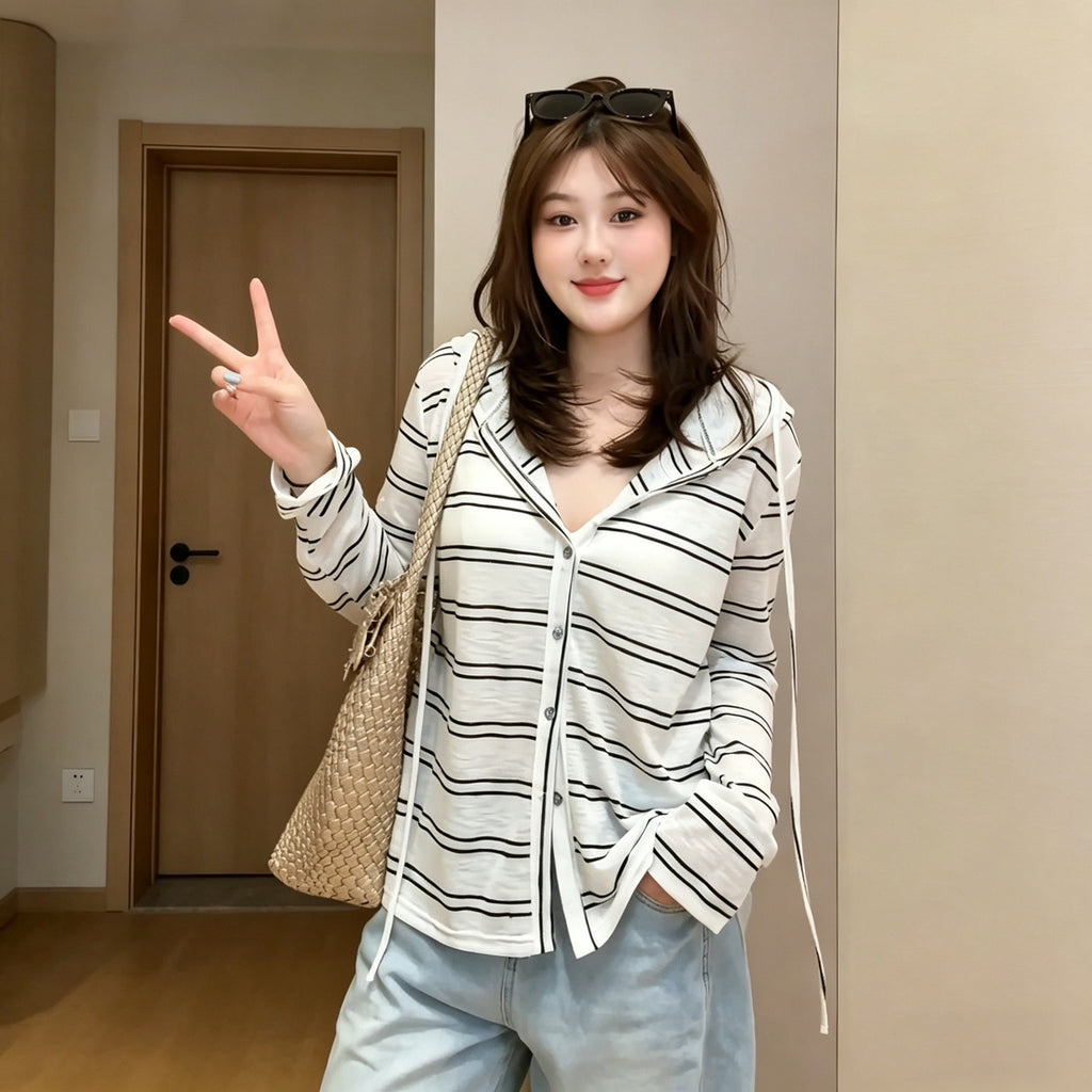 Casual Striped Long Sleeve Hooded Cardigan T-Shirt Lightweight Sun Protection Top