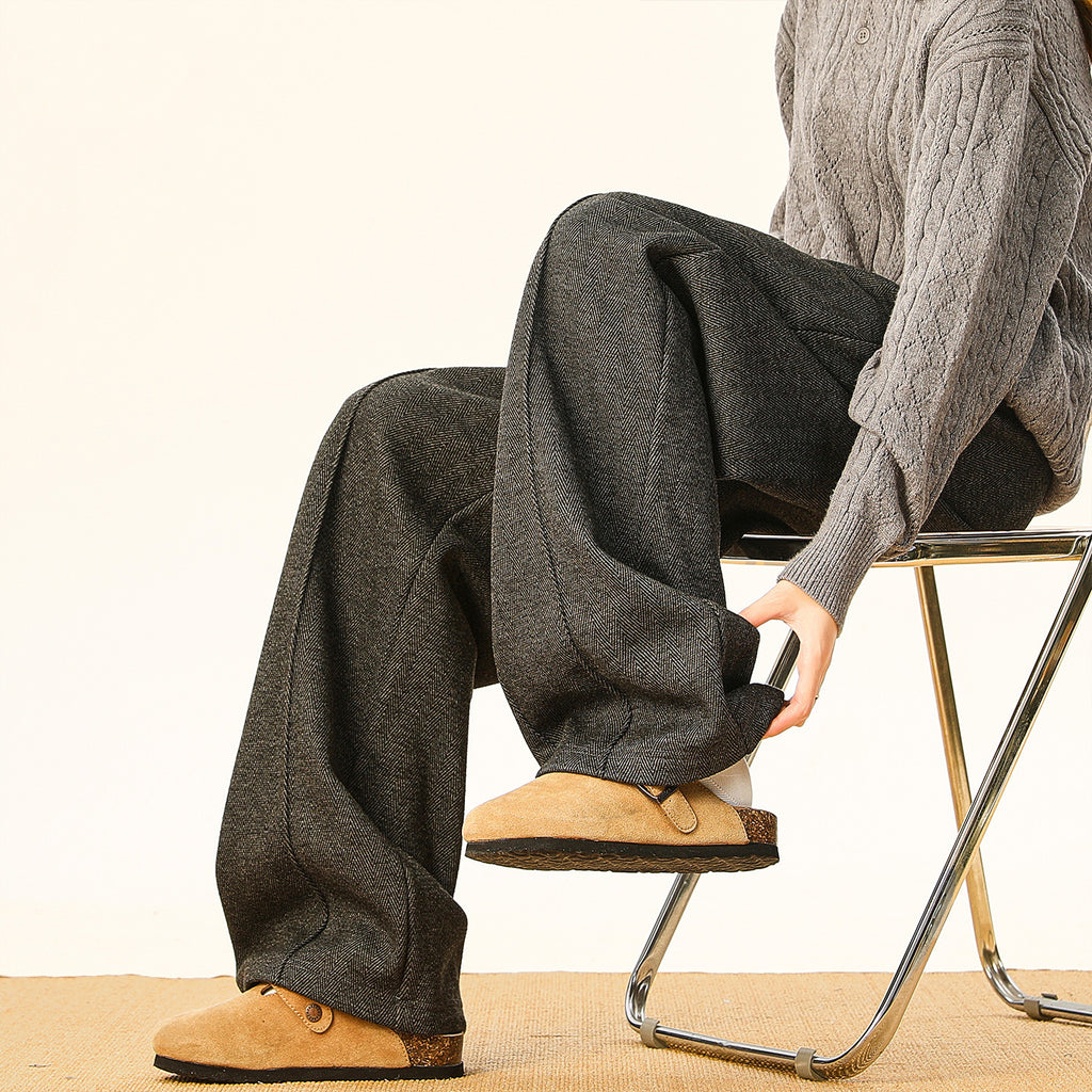 Old Money Style Herringbone Casual Pants Men Autumn Winter New  Vintage Drapey Straight Leg Wide Leg Long Trousers