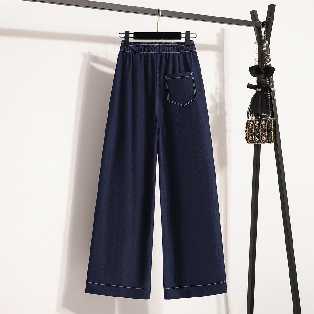 Linen-like Rayon Wide Leg Pants for Women, High Waist, Straight Leg, Color-Blocked Topstitching, Flowy and Lightweight Tencel Trousers