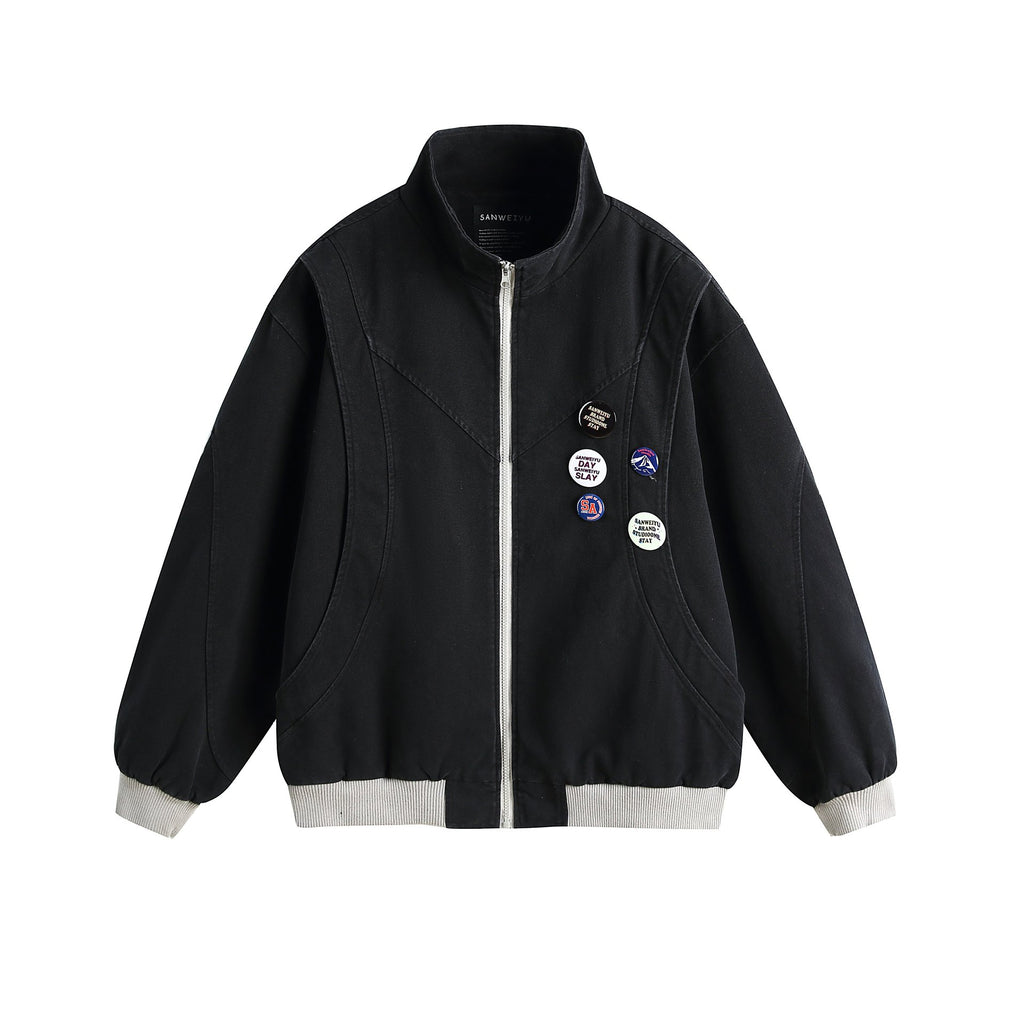 Badge Deconstructed Design Zip-Up Stand Collar Jacket for Men