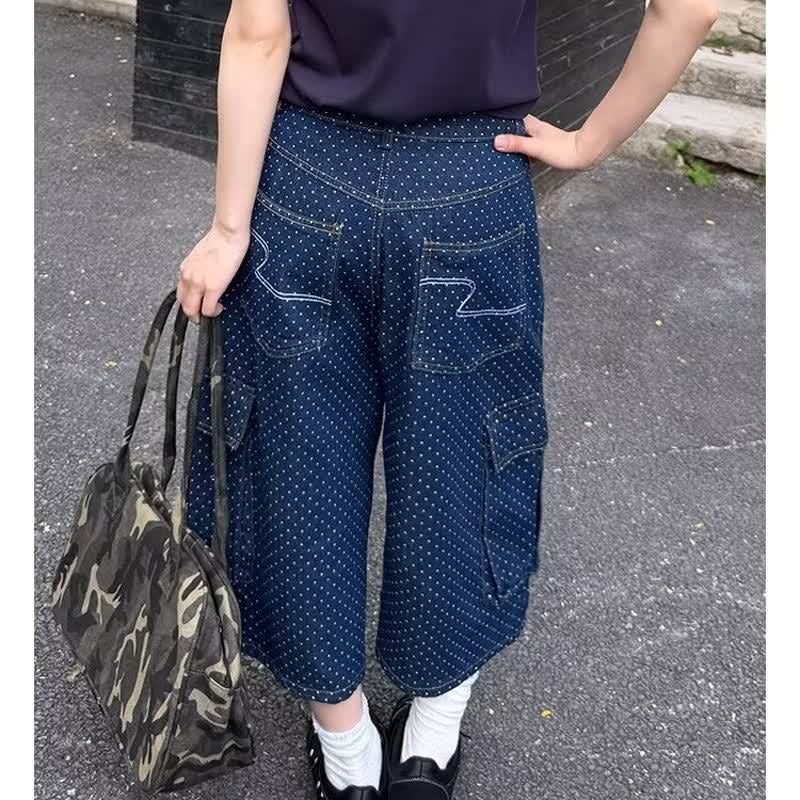 Dot Embroidered Large Pocket Seven-Eighth Denim Pants
